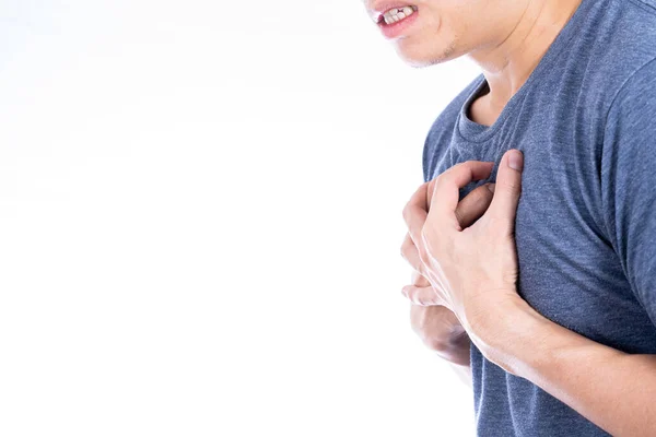 Man Rör Vid Sitt Hjärta Eller Bröstet Isolerad Vit Bakgrund — Stockfoto