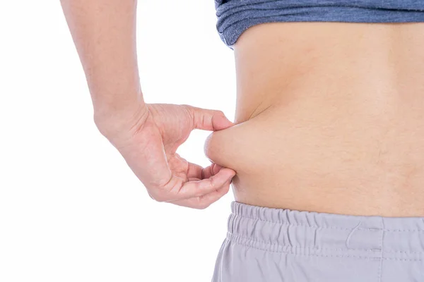 Grubas Trzymający Nadmiar Tłuszczu Brzuchu Nadwaga Tłusty Brzuch Izolowane Białe — Zdjęcie stockowe