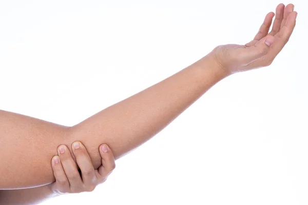 Γυναικείο Χέρι Που Κρατάει Τον Αγκώνα Του Απομονωμένο Λευκό Φόντο — Φωτογραφία Αρχείου