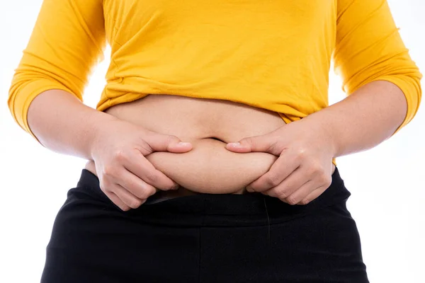 Tlustá Žena Drží Nadměrné Tlusté Břicho Tlusté Břicho Izolované Bílé — Stock fotografie