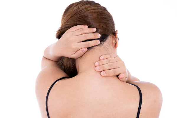 Woman Suffering Neck Shoulder Pain Isolated White Background Health Care — Stock Photo, Image