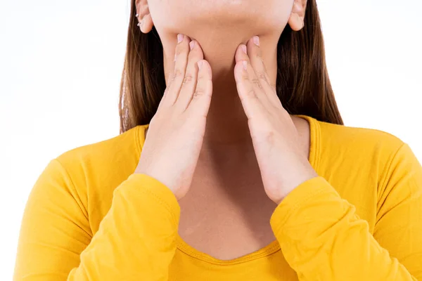 Mano Femminile Toccare Nodulo Tiroideo Medicina Sanità Concetto Pubblicità — Foto Stock