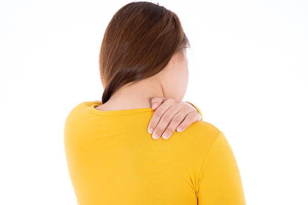 Woman Suffering Neck Shoulder Pain Isolated White Background Health Care — Stock Photo, Image
