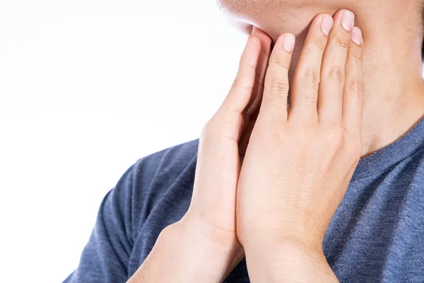 Mano Maschile Toccando Nodulo Tiroideo Medicina Sanità Concetto Pubblicità — Foto Stock