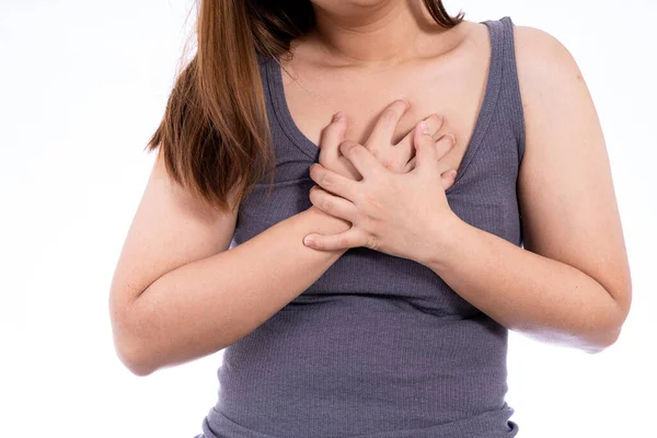Woman Touching Her Heart Chest Isolated White Background Healthcare Medical Stock Picture