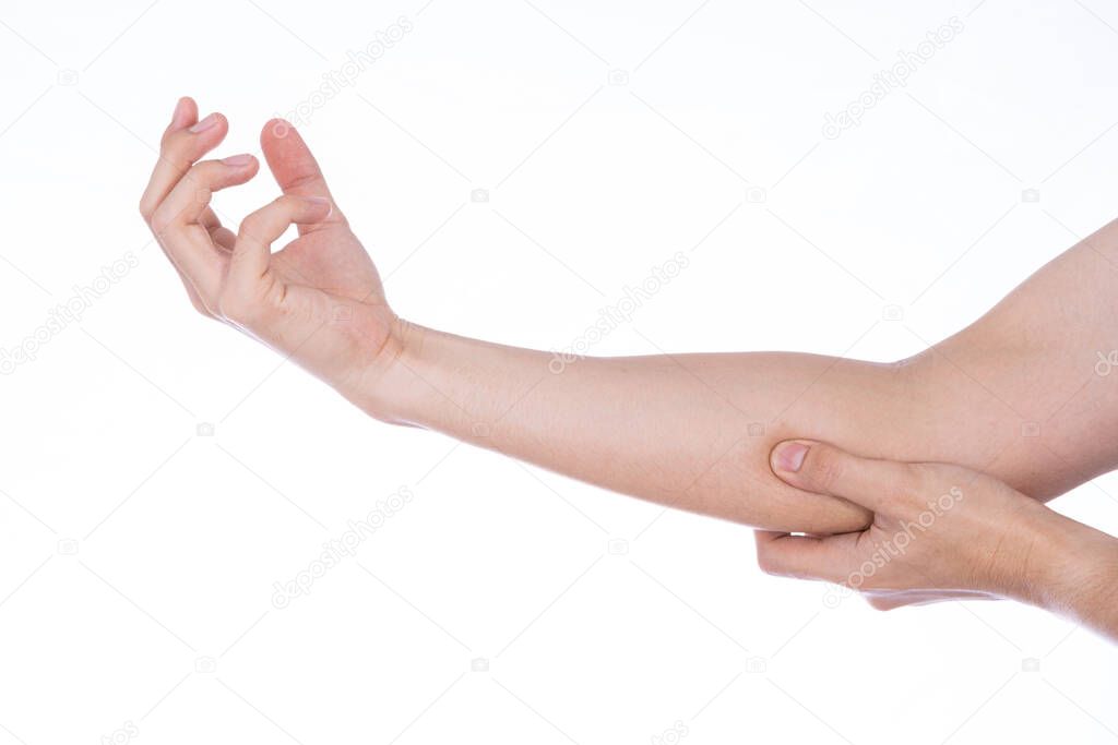 Man hand holding his elbow isolated white background. Medical, healthcare for advertising concept.