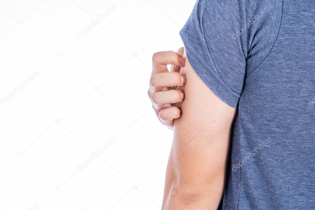 Male scratching his arm isolated white background. Medical, healthcare for advertising concept.