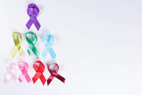 Światowy Dzień Raka Kolorowa Świadomość Raka Wstążki Tłem Kopią Miejsca — Zdjęcie stockowe