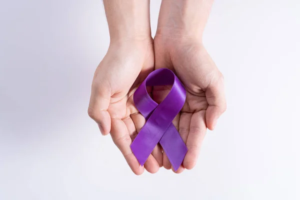 World Cancer Day Hands Holding Purple Ribbon Grey Background Copy Royalty Free Stock Photos
