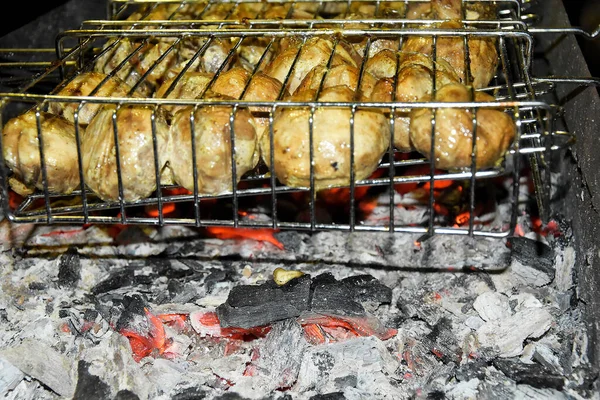 Fried Mushrooms Grill Charcoal Grilling Fried Champignons Grill Burning Coals — Stock Photo, Image