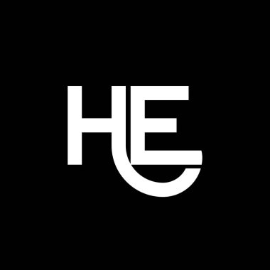 Siyah arka planda HE harf logosu tasarımı. Yaratıcı harflerin baş harfleri logo kavramı. Mektup tasarımı. Siyah arka planda beyaz harf tasarımı. H E, onun logosu