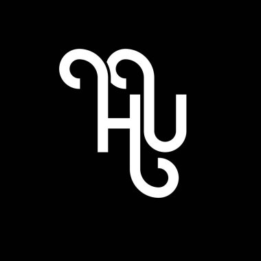 Siyah arka planda HU harf logosu tasarımı. HU yaratıcı harfler logosu konsepti. Hu harf tasarımı. Siyah arka planda HU beyaz harf tasarımı. Merhaba, logo.