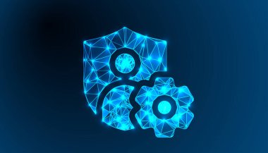 Low Poly Gear & Cogwheel Simgesi - 124; Polygonal Ayarlar ve Seçenekler Sembolü - 124; Gelecekçi Mekanik Vektör Sanatı - 124; Teknik İlham Veren Mavi Arkaplan İllüstrasyonu