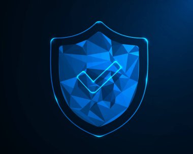 Low Poly Shield with Checkmark - Siber Güvenlik Konsepti, Dijital Koruma, Mavi Geometrik 3D Tasarım