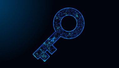 Noktaları ve çizgileri birleştiren, teknoloji ve güvenliği temsil eden, koyu mavi bir zemin üzerine kurulmuş, düşük poli dizaynlı, soyut bir anahtarın dijital grafiği.