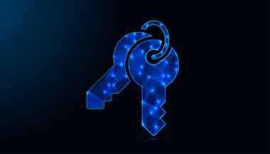 Noktaları ve çizgileri birleştiren, teknolojik güvenlik ve veri korumasını temsil eden iki soyut anahtarın dijital grafiği..