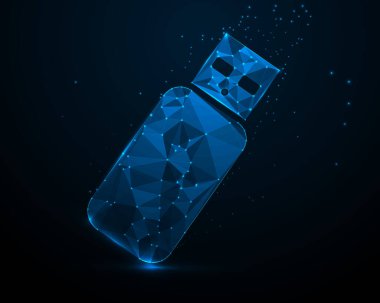 Mavi ışık, veri aktarım konsepti, teknoloji ve depolama aygıtı ile parlayan dijital soyut çokgen USB bellek.