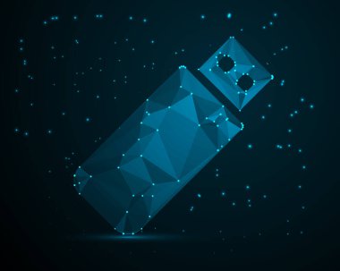 Mavi parlayan noktalar ve çizgiler, dijital depolama ve güvenlik konsepti içeren soyut çokgen bellek çubuğu tasarımı, koyu arkaplan üzerinde takımyıldız etkisi olan fütüristik teknoloji çizimi