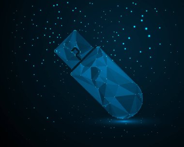 Geometrik şekilleri ve parlak noktaları olan, bulut depolama ve dijital arşiv kavramlarını temsil eden, donanım tanıtımı için yaratıcı teknoloji ürünü düşük polimerli flaş bellek tasarımı