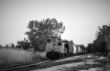 Kuzeydoğu Ohio 'daki Erie Gölü' ndeki tuz madenlerinin önünde küçük bir tren ve tren vagonu duruyor..