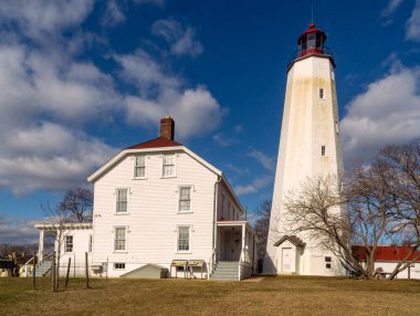 Sandy Hook, NJ - ABD - 17 Ocak 2021: Amerika Birleşik Devletleri 'nin en eski çalışan deniz feneridir. 11 Haziran 1764 'te Isaac Conro tarafından tasarlanıp inşa edildi.