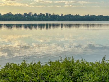 Congers, NY - ABD - 8 Ağustos 2021: Rockland Lake State Park 'taki yansımaların manzarası.