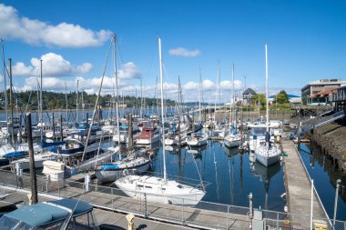 Olympia, Wa-USA - 20 Eylül 2021: Olympia 'nın ilk kurulan yat limanı Fiddlehead Marina' nın yatay manzarası. Budd Körfezi 'ndeki Puget Sound' un en güney noktasında..