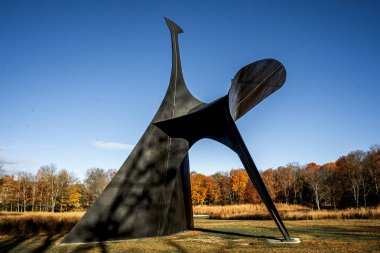 New Windsor, New York - ABD - 25 Ekim 2025 Siyah Calders heykel yükselen Kemer, Fırtınalar Kralı Sanat Merkezi 'nin sonbahar manzarasına karşı cesurca yükselir ve canlı sonbahar renkleriyle çarpıcı bir tezat yaratır.