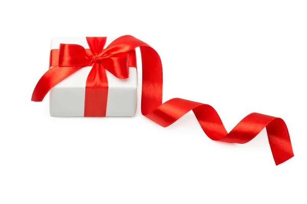 White Gift Box Red Ribbon Bow Isolated White — Stock Photo, Image