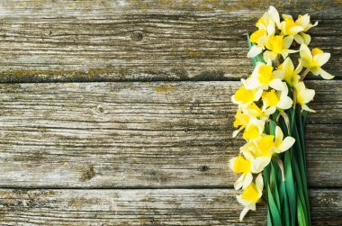 Bir buket taze bahar çiçeği ahşap arka planda nergisler.