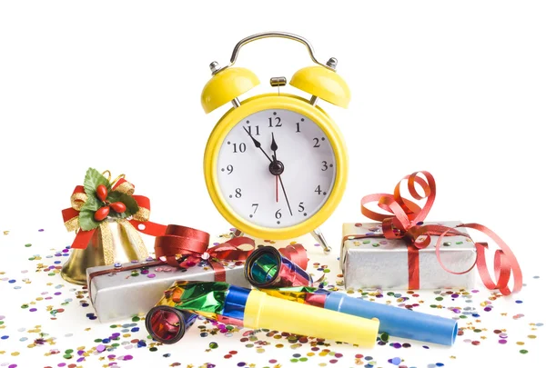 Alarm clock with Christmas presents — Stock Photo, Image