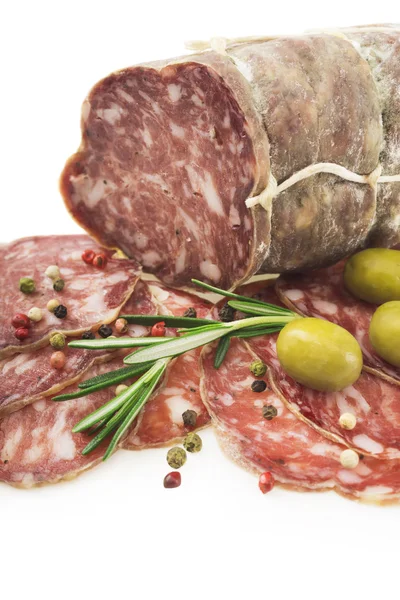 Salami with olives and rosemary — Stock Photo, Image