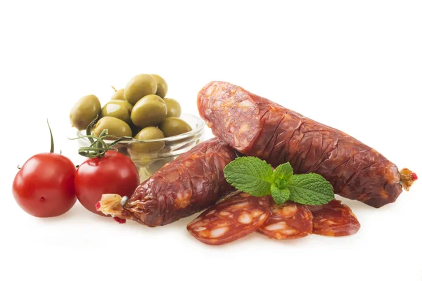 Smoked sausage with olives and tomato — Stock Photo, Image
