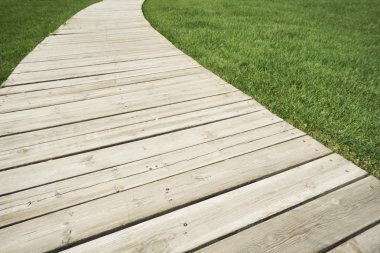 Ahşap yol ve yeşil çimen