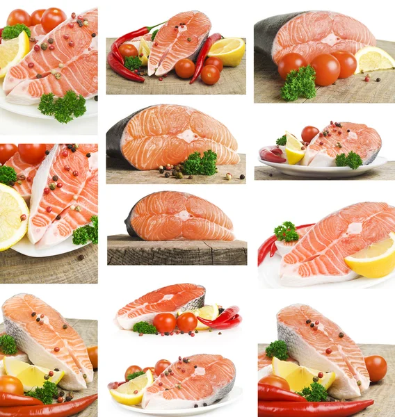 Conjunto de salmón crudo, verduras y especias —  Fotos de Stock