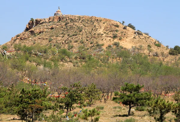 Buddhistiska stupan med böner flaggor på toppen av kullen, Daqing mountai — Stockfoto