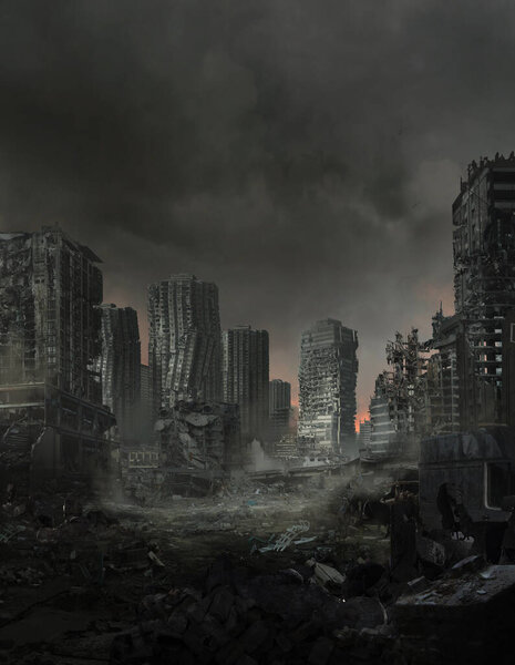 Digital illustration of a lifeless ruined cityscape