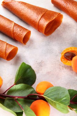 Meyve pasaportu. Kayısı ağacı dalında beyaz arka planda kayısı meyveleri ve tatlılık. Doğal ve beslenme ürünü. Koruyucu maddeler olmadan. Düşük kalorili yemekler ve atıştırmalıklar. Dikey fotoğraf.