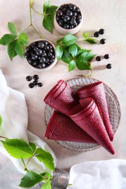 Frenk üzümü bir koniye sarılmış. Doğal ve sağlıklı ürünler. Vejetaryen yemeği. Yeşil yapraklı bir dal. Seramik tabakta frenk üzümü. Üst görünüm.