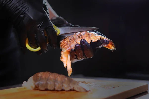 Cocinero Corta Cáscara Langosta Con Tijeras Cocinar Mariscos Alimento Saludable — Foto de Stock