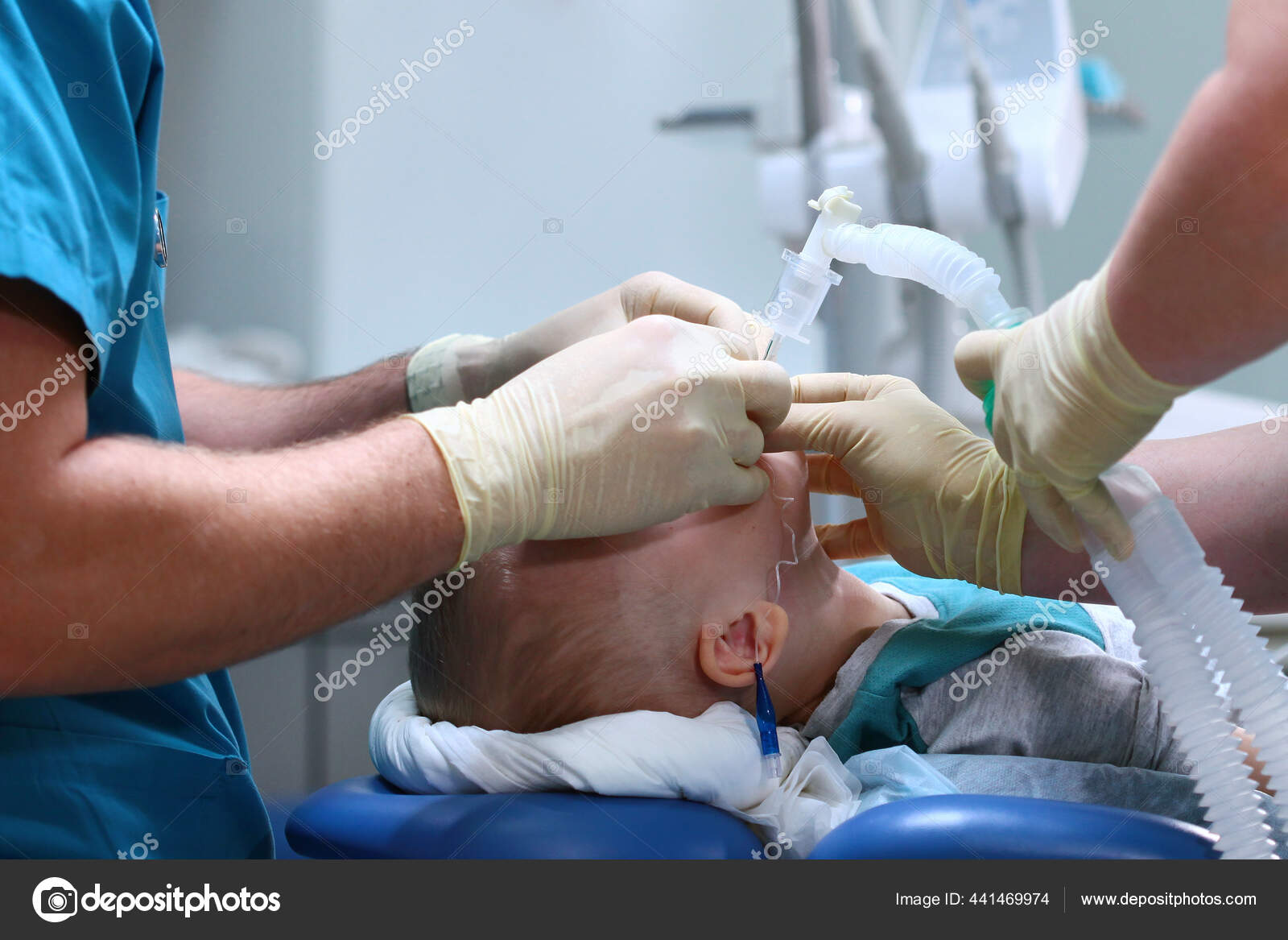 Breathing Tube Inserted Boy Preparing Surgery Child Anesthesia Treatment Multiple Stock Photo by
