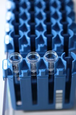 Boş test tüpleri. Yeni bir aşının geliştirilmesi. Covid 19 'a karşı bir aşı. Klinik ve tanı laboratuvarı. Mavi laboratuvar tüp rafları. Dikey fotoğraf. Üst görünüm.