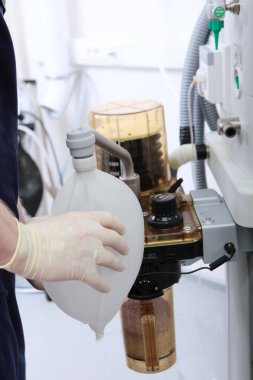 Canlandırıcı cihazı kontrol ediyor ve akciğerlerin yapay havalandırması için bağlıyor. Genel anestezi altında ameliyat. Sağlık ve hayat kurtarma kavramı. Dikey fotoğraf. Tanınmayan biri..