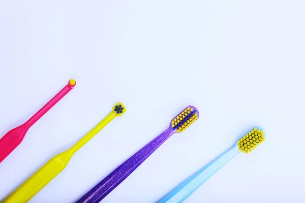 Assorted Toothbrushes Light Background Oral Hygiene Brush Cleaning Teeth Copy — Stock Photo, Image