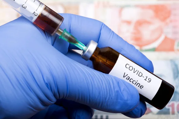 Vaksin Terhadap Covid Latar Belakang Uang Peru — Stok Foto