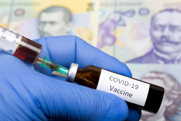 Vaksin Terhadap Covid Latar Belakang Uang Rumania — Stok Foto