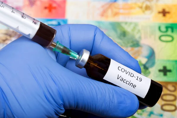 Vaksin Terhadap Covid Latar Belakang Swiss Franc — Stok Foto
