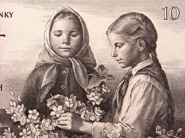 Två Flickor Med Blommor Från Gamla Tjeckoslovakien Pengar — Stockfoto