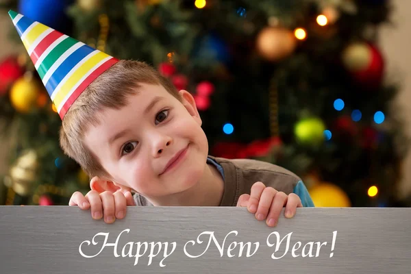 Happy New Year 2016 - boy on a Christmas tree — Stock Photo, Image