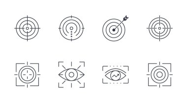 Vektör hedef simgeleri başarı hedefine odaklanır. Düzenlenebilir felç. Resimler beyaz arkaplanda izole edildi.